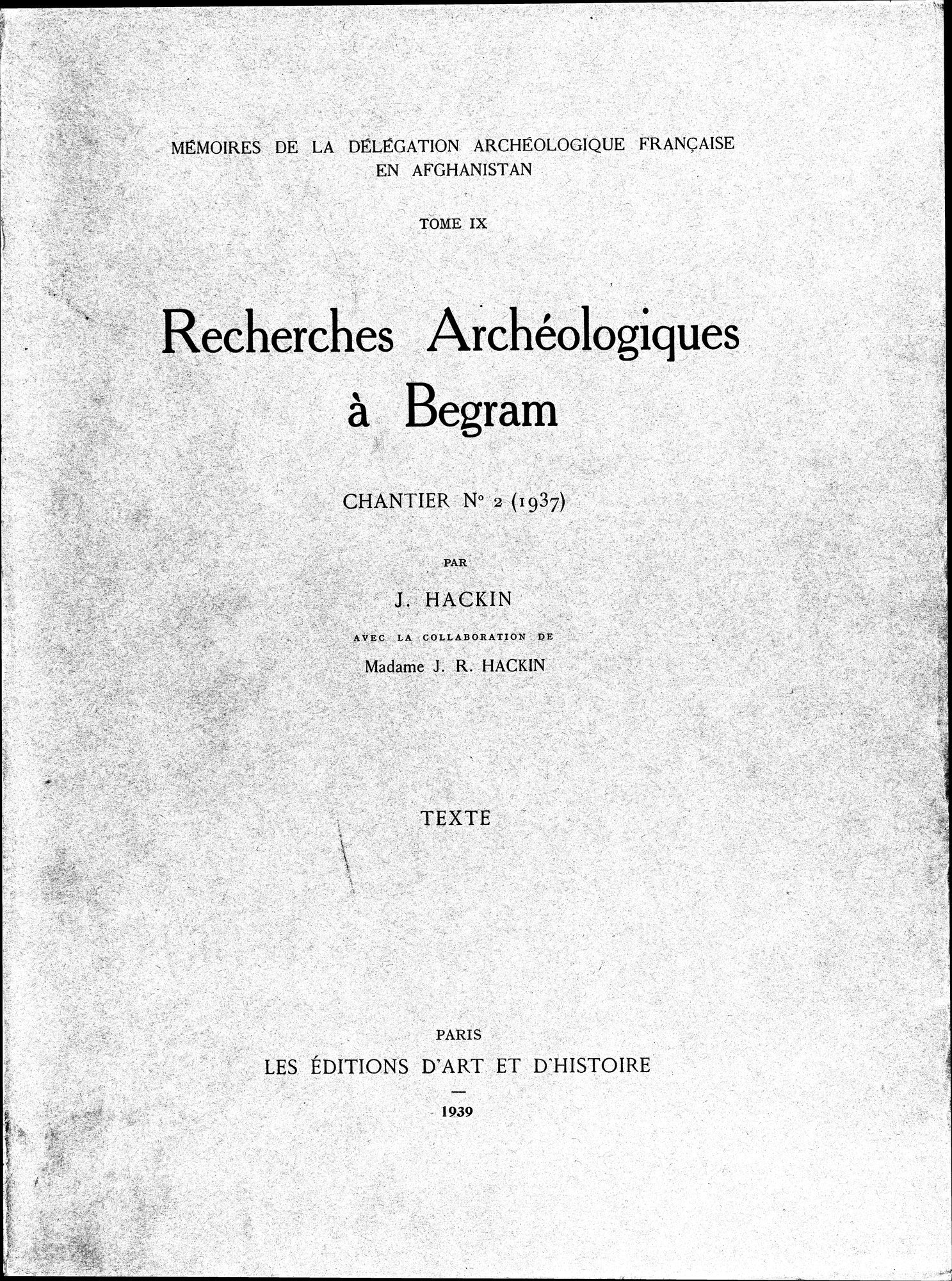 Recherches Archéologiques à Begram : vol.1 / 1 ページ（白黒高解像度画像）