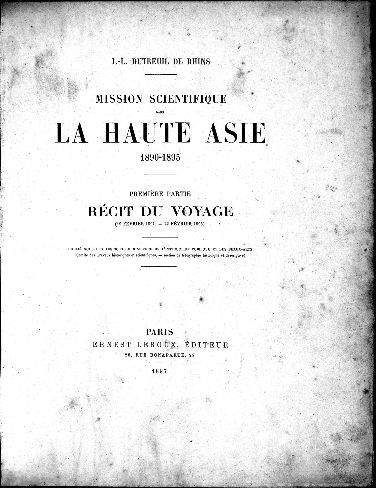 Mission Scientifique dans la Haute Asie 1890-1895 : vol.1 / Page 11 (Grayscale High Resolution Image)