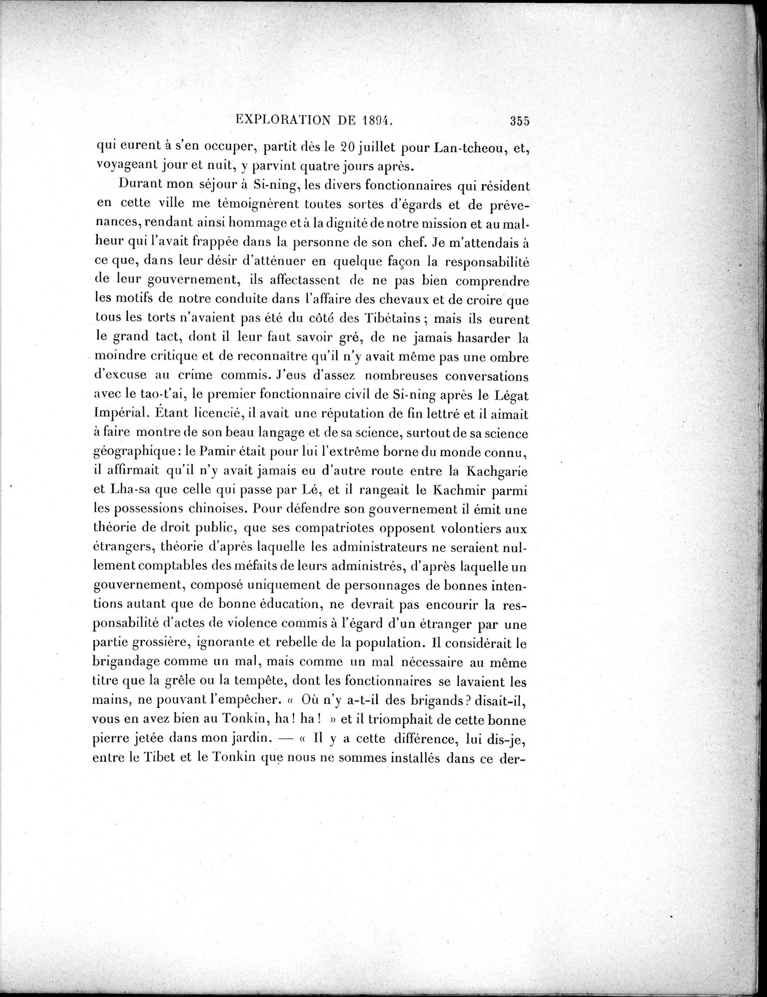 Mission Scientifique dans la Haute Asie 1890-1895 : vol.1 / Page 387 (Grayscale High Resolution Image)