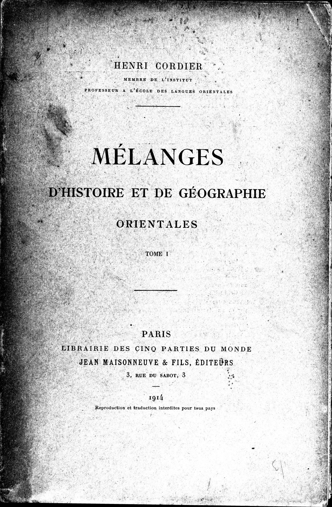 Mélanges d'Histoire et de Géographie Orientales : vol.1 / Page 1 (Grayscale High Resolution Image)